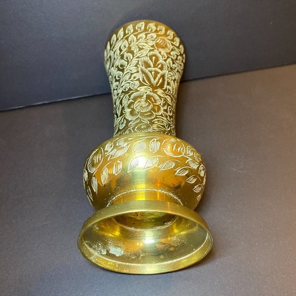 Vintage Brass Flower Vase Etched Floral Pattern India - Picture 7 of 7